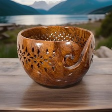 Large Unique Wooden Yarn Bowl Designer Handmade Crocheting Knitting Needle 7x7x4