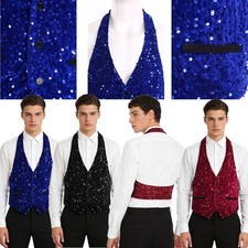 Mens Waistcoat Cosplay Tank Top Party Vest Dance Sequined Halter Glittery Prom