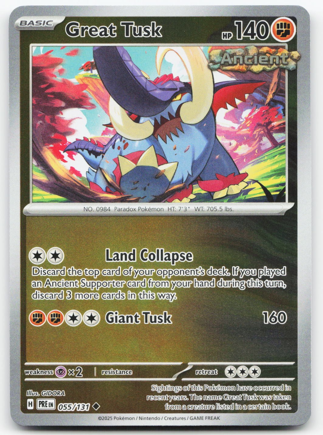 Great Tusk #55/131 (Reverse Holo) (NM) SV: Prismatic Evolutions PRE Pokemon