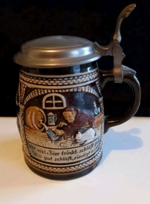 Keramik Bierkrug mit Zinndeckel 0,5ltr.  Gilden Kölsch 3D mit Spruch selten