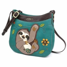 New Chala Messenger Crescent Crossbody Purse Bag Pleather SLOTH Turquoise Blue