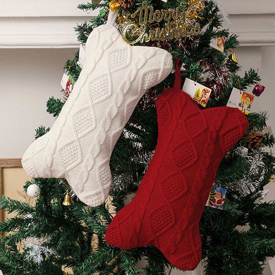 Dog Christmas Stocking, Knit Fireplace Stockings for Dogs, Bone Shape