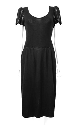 Vtg St. John Evening Black Santana Knit Bead Sequin Midi Shift Dress Size S? EUC