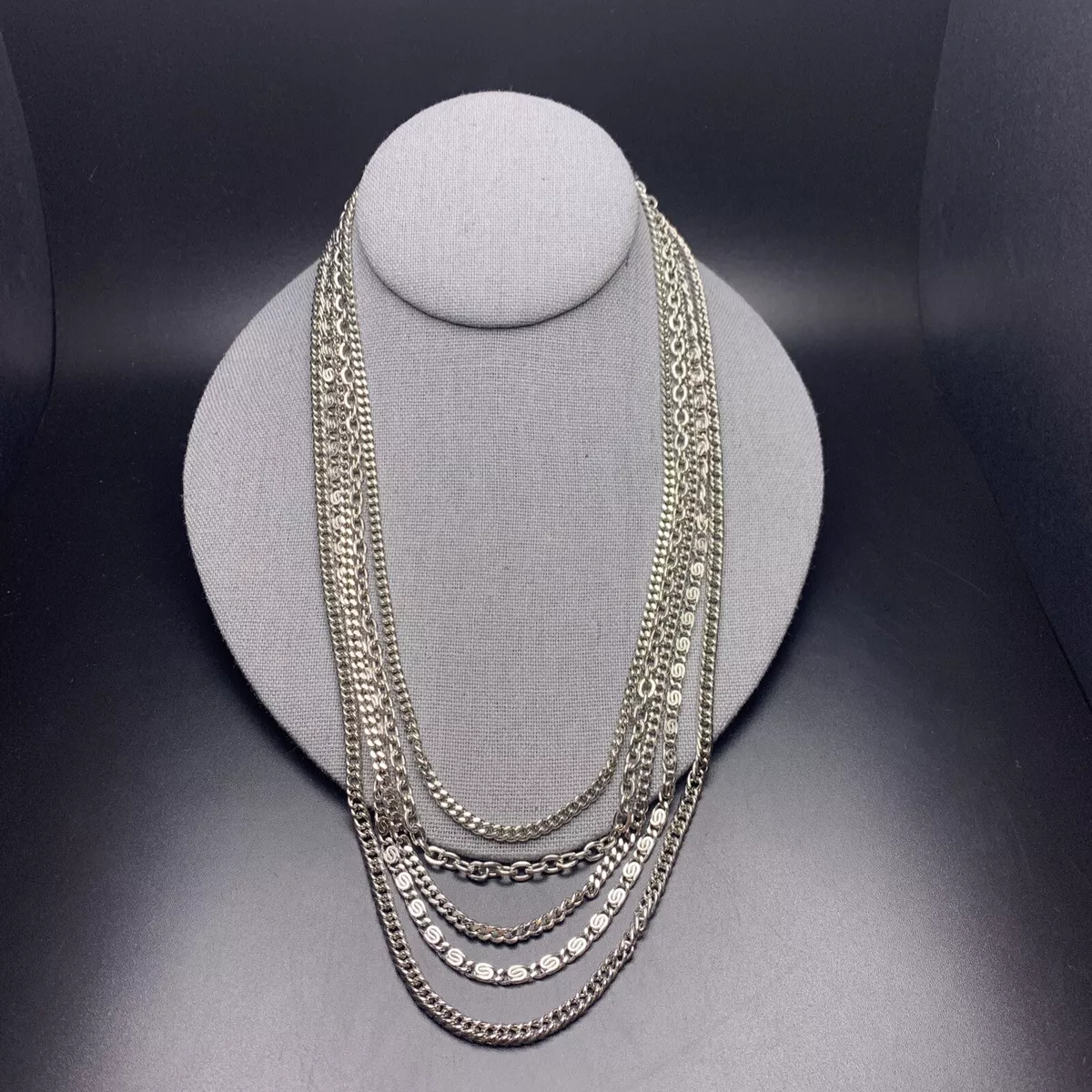 Layered Chain Necklace Silver Tone Classic Look Multi Curb Snail