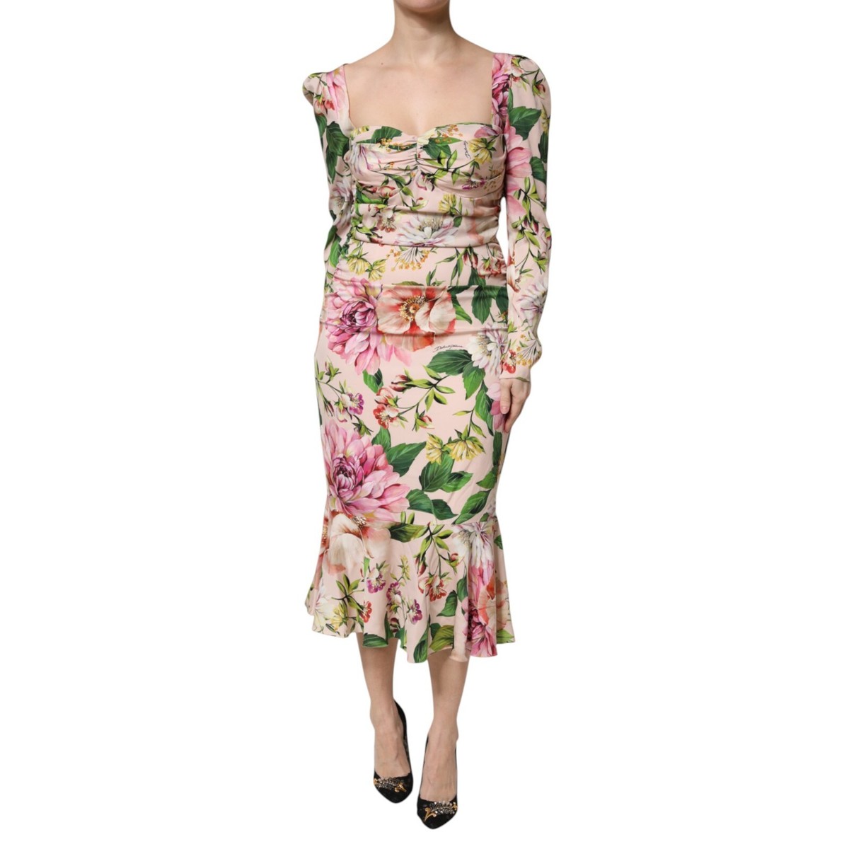 DOLCE & GABBANA Dress Pink Floral Silk Fit And Flared Midi