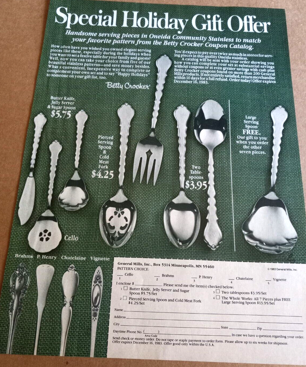 1983 print ad page - Oneida CELLO pattern silverware Betty Crocker