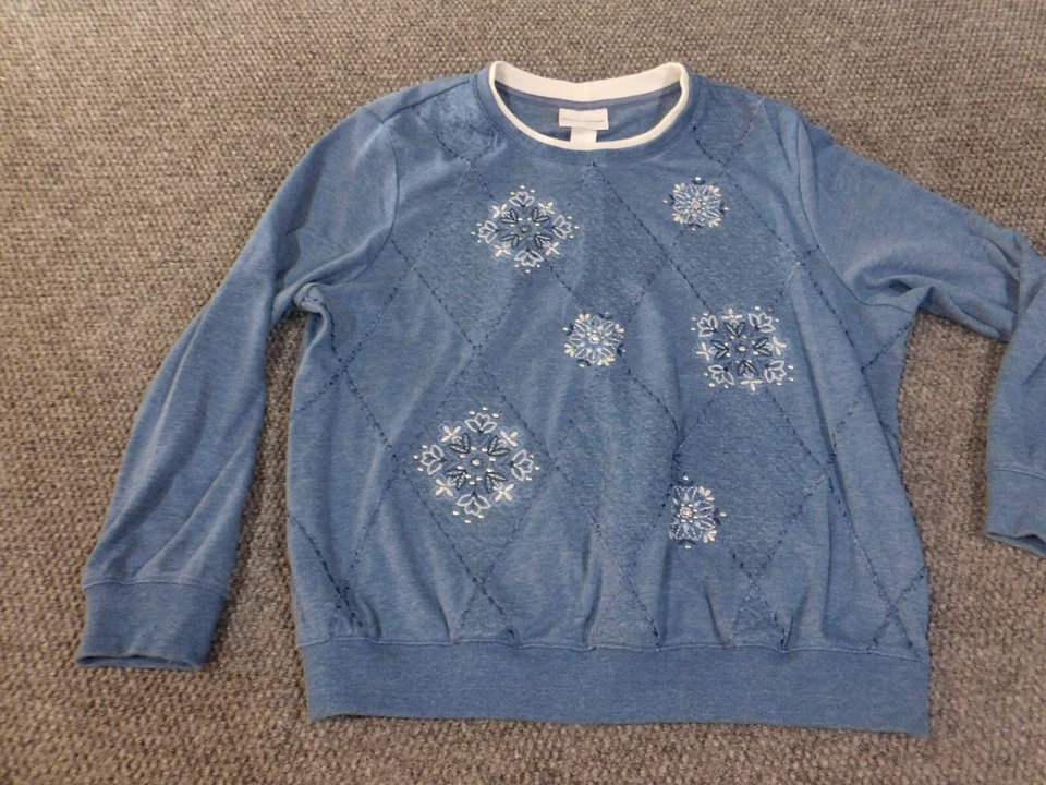 Alfred Dunner Sweater Large Blue pullover crewneck embroidered holidays xmas - Image 4 of 4