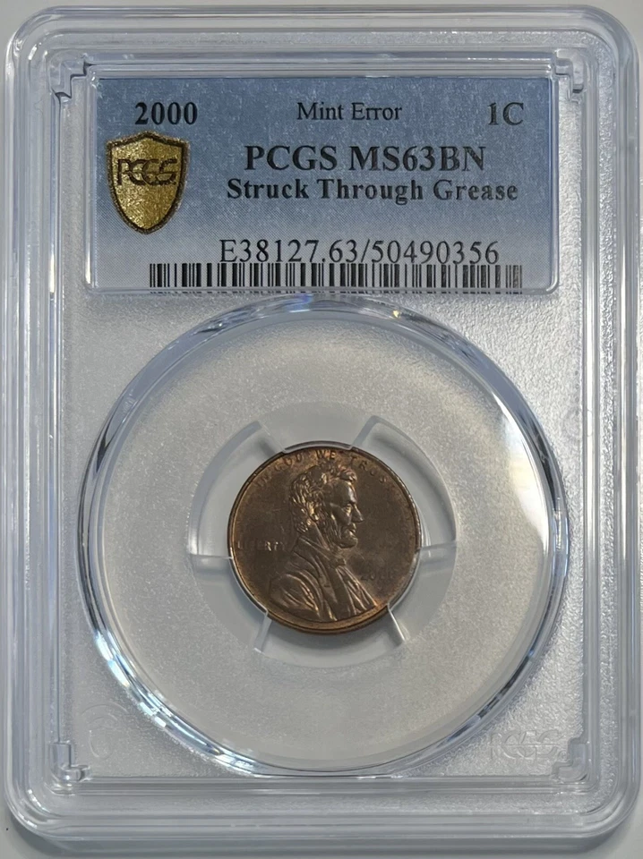 2000 Lincoln Cent PCGS MS63BN Struck Through Grease Error Coin 1C Gold Shield - Image 2 of 4