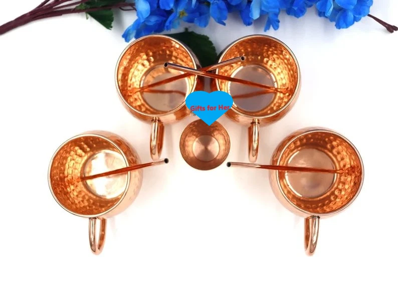 Lot De 4 Gaufrées Moscou Mule Mugs Avec 4 Cuivre Straws Et 1 Jigger Cadeau - Photo 3/4