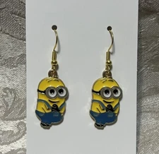 Cartoon Minion Character Gold Loop Enamel Drop Dangle Adorable Earring Set