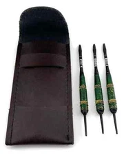 Set of 3 Green Torpedo Darts w/Soft Tips & Brown Leather Case, No Flights - GC