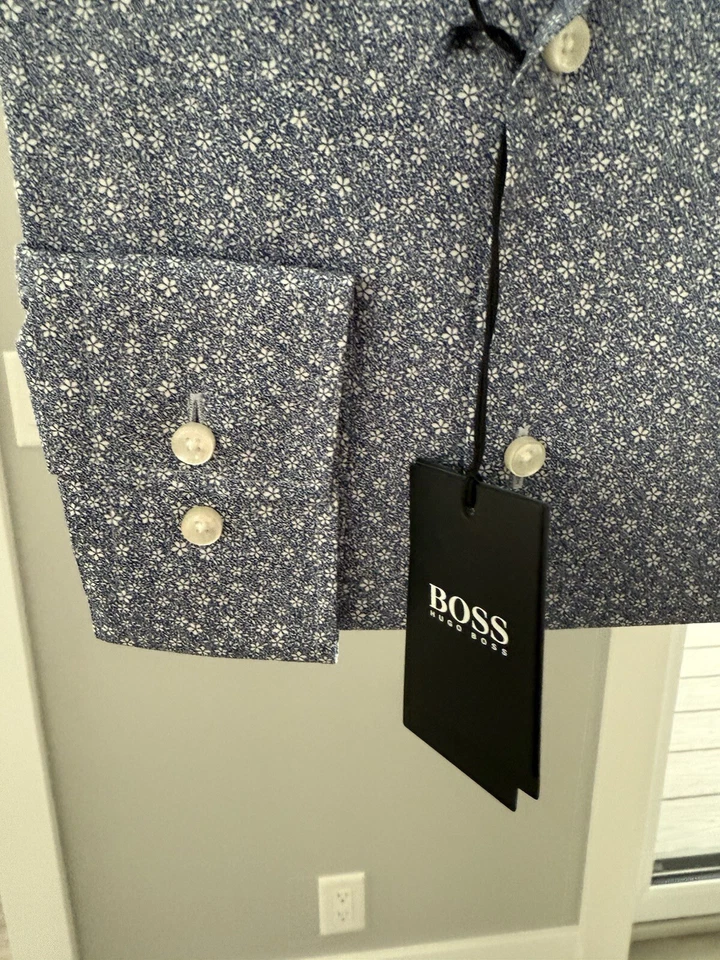 NEW Hugo Boss Slim Fit Blue Floral Dress Shirt 16/34-35 - Image 2 of 4