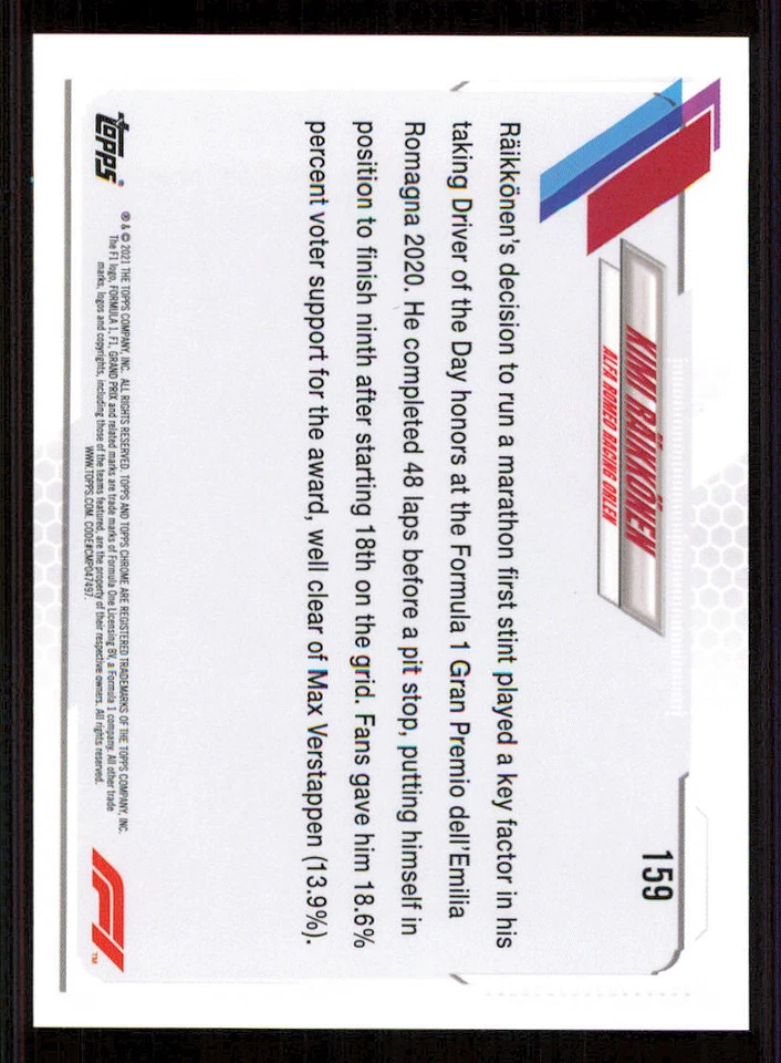 2021 Topps Chrome Formula 1 #159 Kimi Raikkonen/Driver of the Day - Image 2 of 2