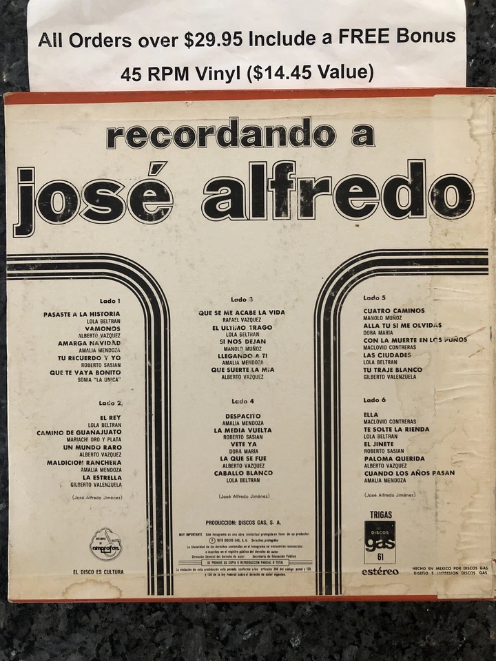 José Alfredo-“Recordando”-Box Set (3) LPs-33 RPM GAS 78-FREE Shipping In The USA - Image 4 of 4