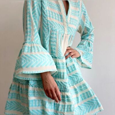Devotion Twins Ella Embroidered Cotton Tunic Dress Turquoise Blue White Medium M