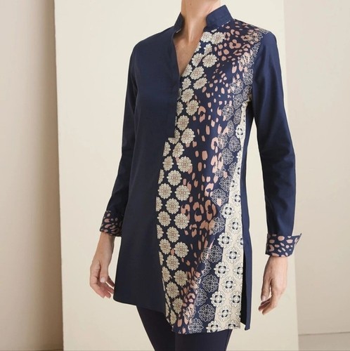 CHICO'S Women's Mix Print Tunic Navy Floral No Iron Long Sleeve Size 8