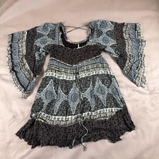 Free People Dress Womens XS Blue Boho Fit Flare Bell Sleeve Mini Festival