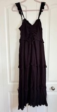 Pink Lily Black Midi Dress Women M Tiered Ruffle Smocked Tie Front Boho Flowy