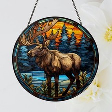 Moose Stained Glass Suncatcher Winter Window Hanging Decor Ornament