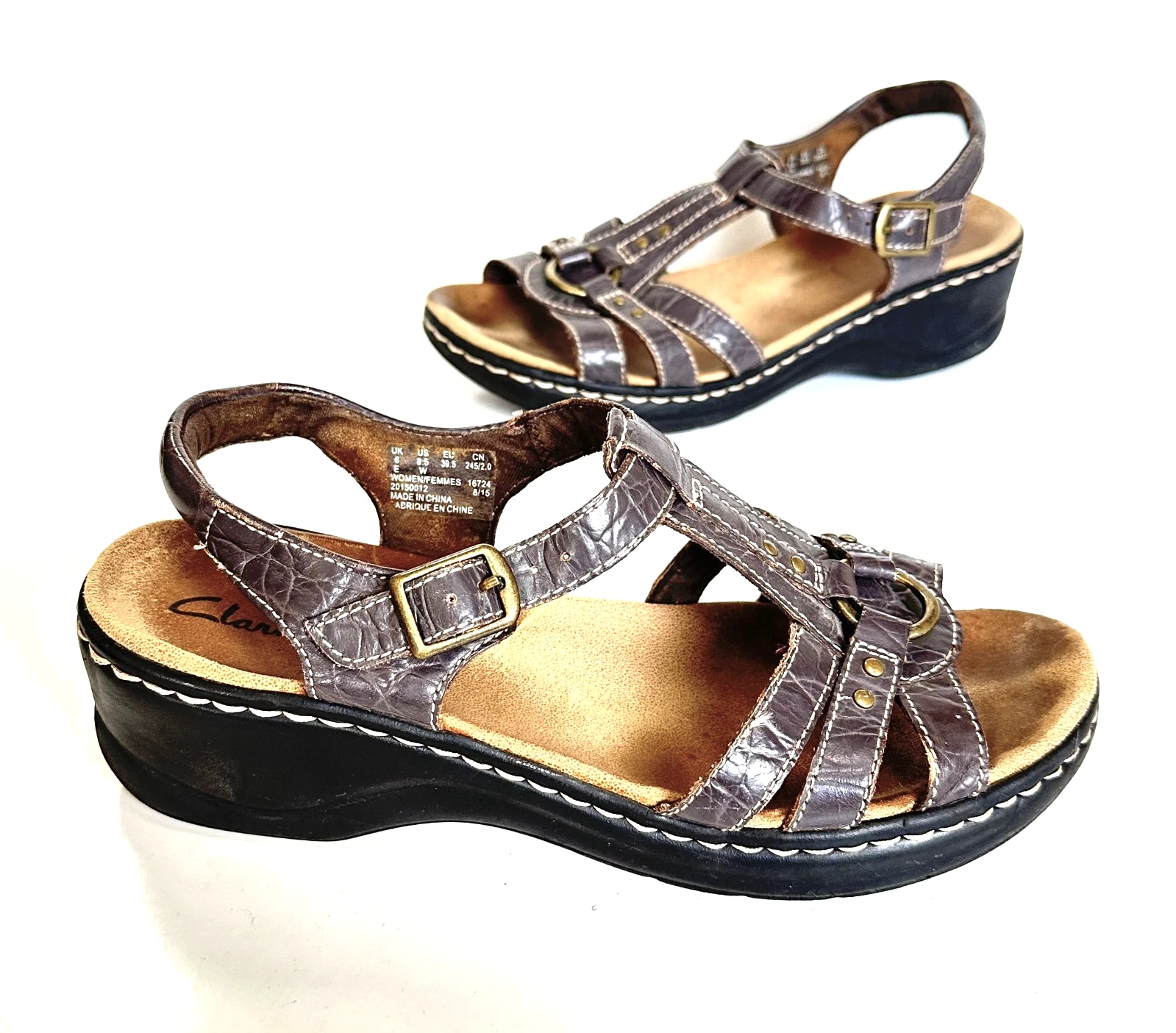 Sandali donna CLARKS marroni cinturino pelle tacco medio zeppa taglia UK 6 E vestibilità ampia