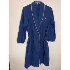Polo Ralph Lauren Mens Navy Blue Cotton Shawl Collar Robe Size S/M White Piping