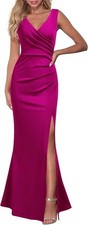 WOOSEA Women Sleeveless V Neck Split Magenta Evening Cocktail Long Dress Small