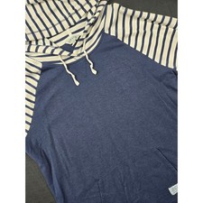 ORVIS Women Colorblock Knit Hoodie 1420678 Blue White Stripe Pocket Pullover Lrg