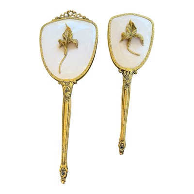 Globe Ormolu Handheld Vanity Mirror and Brush 24K Goldplated Hollywood Regency
