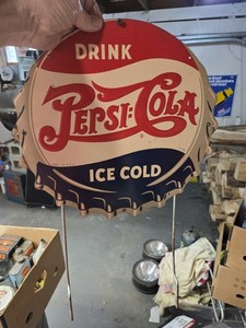 1940’s Embossed Double Dot Pepsi Cola Bottle Cap Sign Rack Topper