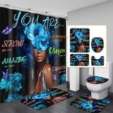 Black African Flower Woman Shower Curtain Set, Blue Art Words Bathroom Style101