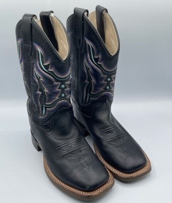 Old West Cowboy Boots Boys 13.5 D  Square Toe BSC1896 Turquoise on Black Leather
