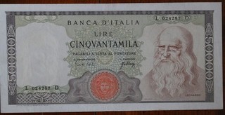 Banconota da 50000 lire Leonardo del 1967(con fibrille) (piccolo strappo) SPL