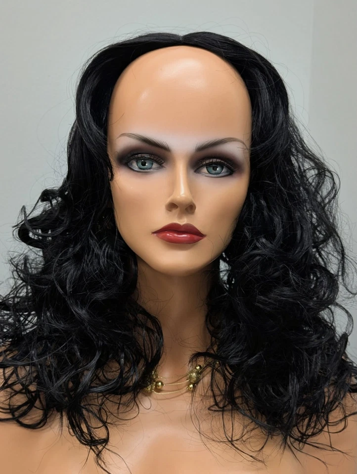 Preciosa Peluca Sintética Suelta Rizada Color 1B Negro Jet Parte Central Permanente Foto 3 de 4