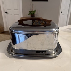 Vtg Lincoln Beautyware Style Chrome Cake Carrier Storage Lock Lid Wood Handle