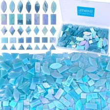 240 Pcs Iridescent Aqua Glass Mosaic Tiles in 5 Shapes for Crafts