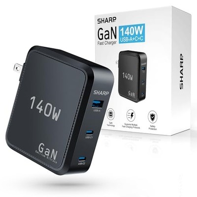SHARP 140W USB C CHARGER, COMPACT FOLDABLE GAN FAST CHARGE QV16 - BLACK