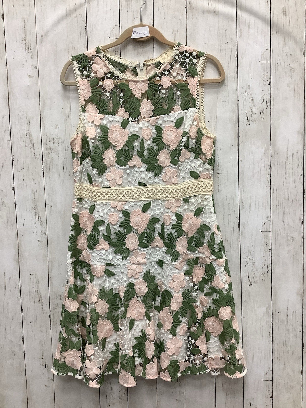 Shoshanna Roseia Blush Green & White Floral Lace Sleeveless Flounce Mini Dress