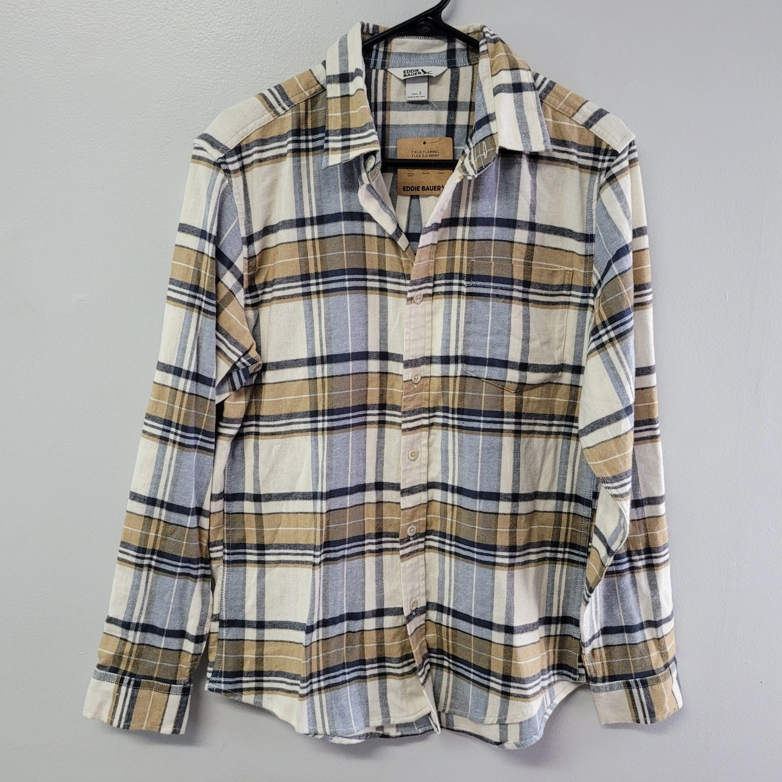 Eddie Bauer Mens Field Flannel Flex 2.0 Shirt Plaid Tan Blue Small NWT