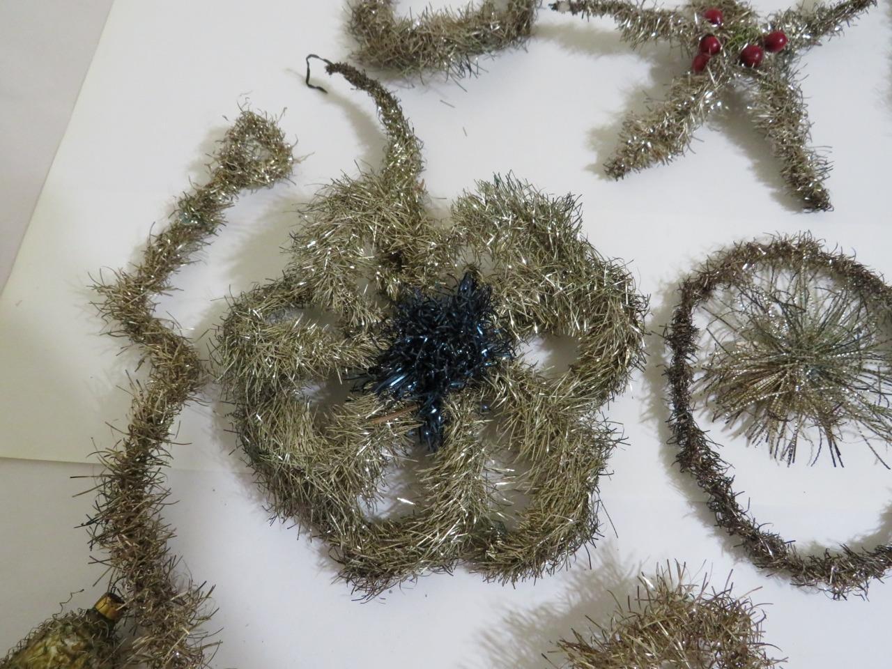 5 pc. Antique Tinsel Garland & Wire Wrapped Christmas Ornaments Blown