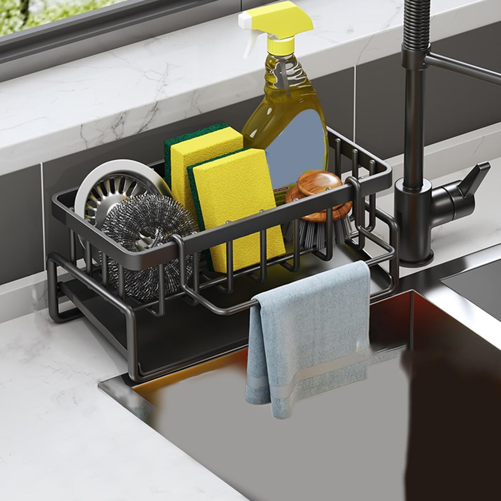 Sponge Holder Kitchen Sink Caddy Organizer with Self-draining Tray Towel Rack-image