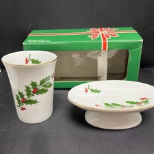Christmas Holly Tumbler Cup and Soap Dish Bathroom Set