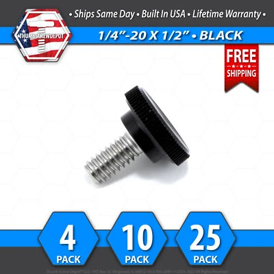 THUMB SCREW DEPOT 1/4"-20 x 1/2" Thumb Screw Stainless Steel - Black Round Knurled Knob - USA