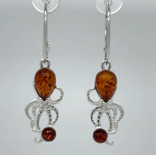 Cognac Brown BALTIC AMBER Octopus Leverback Earrings 925 STERLING SILVER #5783e - Picture 5 of 9