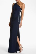 Laundry by Shelli Segal Beaded Panel One-Shoulder Jersey Gown Sz 10 Navy