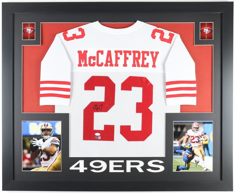 Christian Mccaffrey Autographed Signed San Francisco 49Ers 35X43 Framed Jersey (JSA) R.B. 