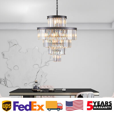 24'' Modern Crystal Chandelier Black Luxury 5-Tier Pendant Light Ceiling Fixture