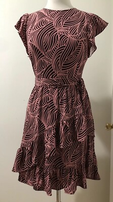 Michael Kors Printed Ruffled Dress Belted Cordovan Dusty Rose 
