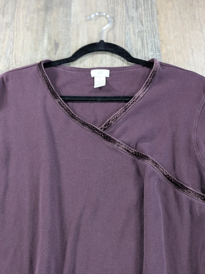 J Jill Top Womens XL Purple Velvet Trim 3/4 Sleeve V Neck Cotton BOHO Preppy - Image 3 of 4