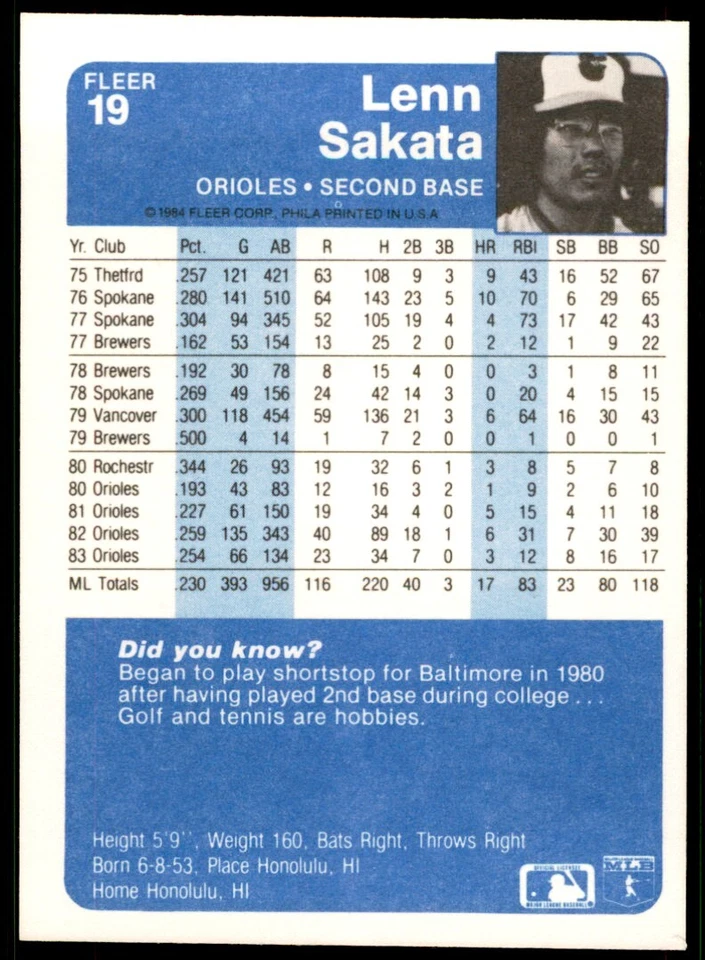 1984 FLEER LENN SAKATA . BALTIMORE ORIOLES #19 - Image 2 of 2