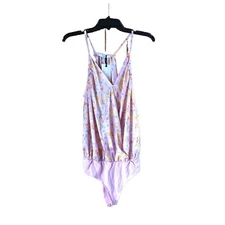 Ro & De Women’s Pink Floral Satin Faux Wrap Bodysuit Large Retro Casual Chic NWT